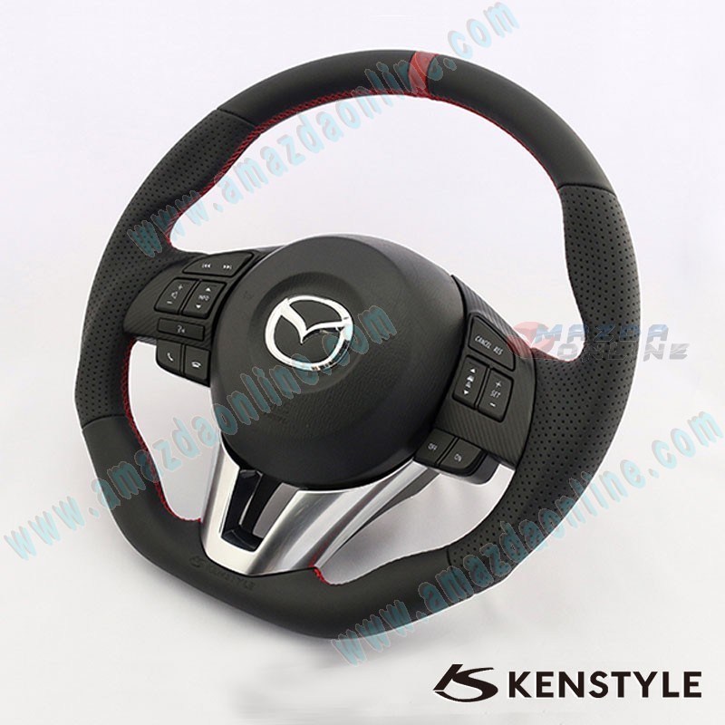 Kenstyle Volante de Fondo Plano de Cuero con Linea Central para 2014-2016 Mazda2 [DJ] MA08